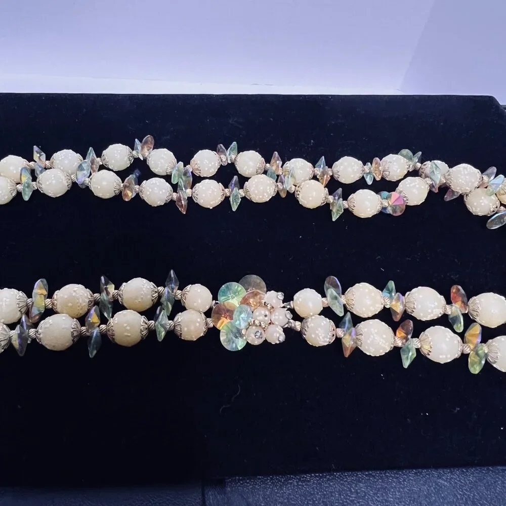 Vintage Double Strand Sugared Bead And AB Rhinestone Necklace (6120) - Picture 5 of 9